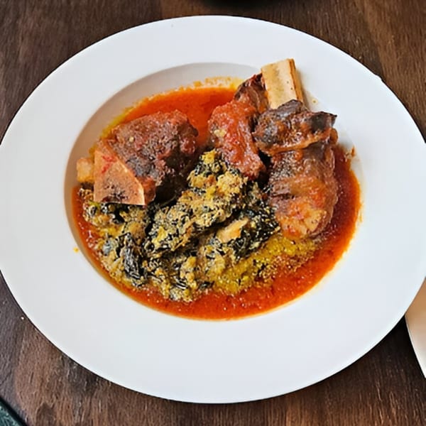 African stew with meat and greens in a rich red sauce, served on a white plate.